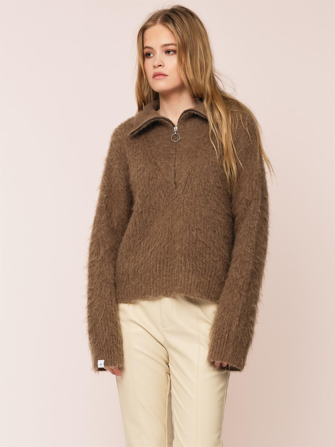 Florie Brushed Zip Knit  Chocolate Brown