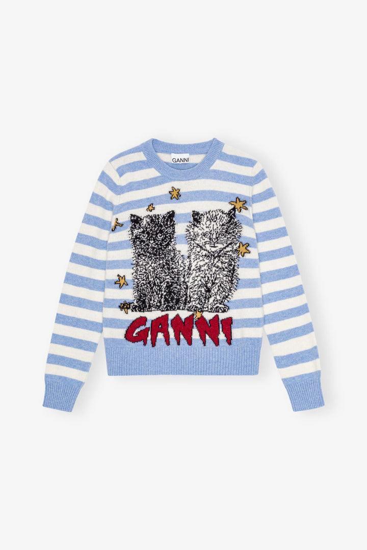 Striped Graphic Wool Mix Cats Crewneck  Illusion Blue