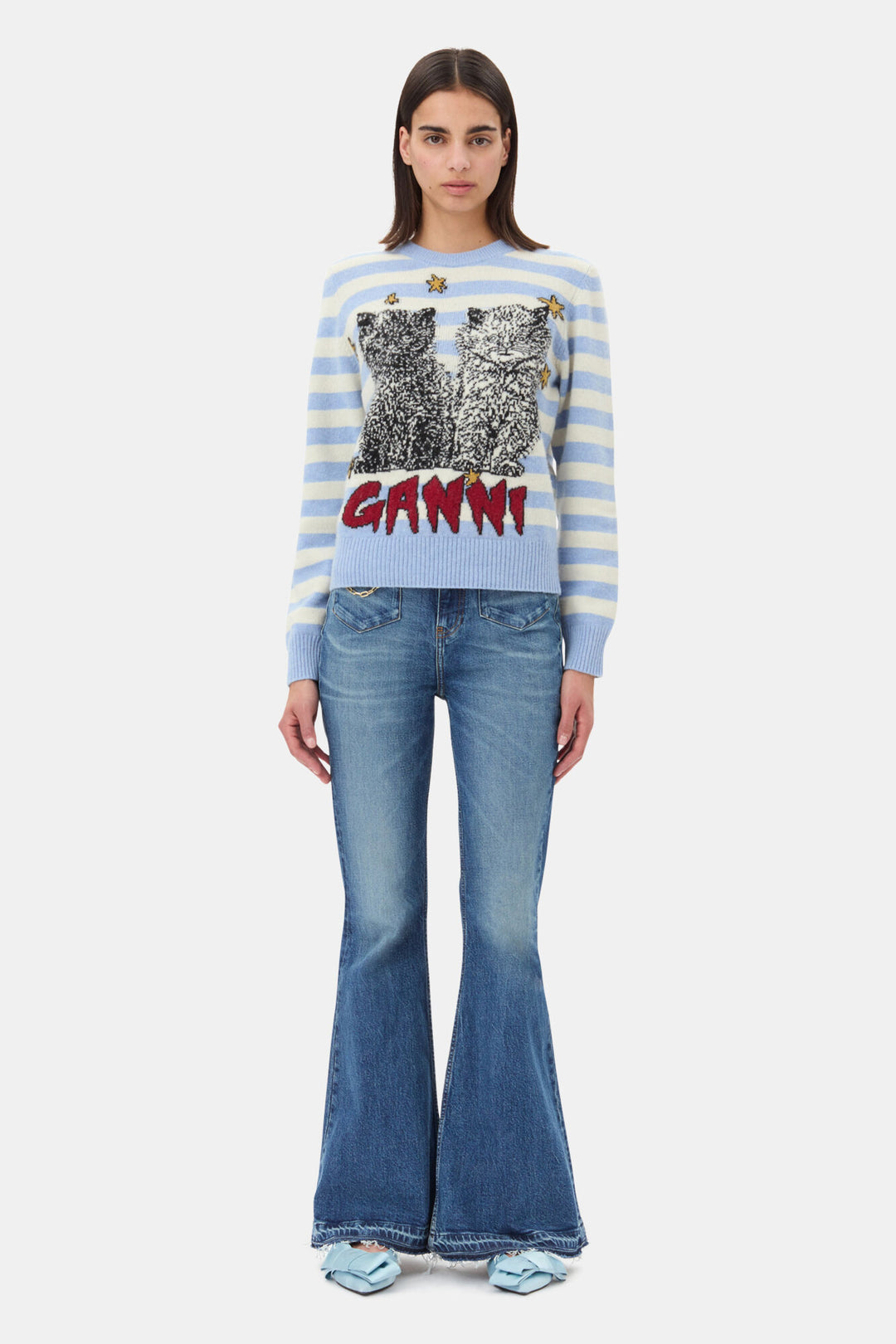 Striped Graphic Wool Mix Cats Crewneck  Illusion Blue