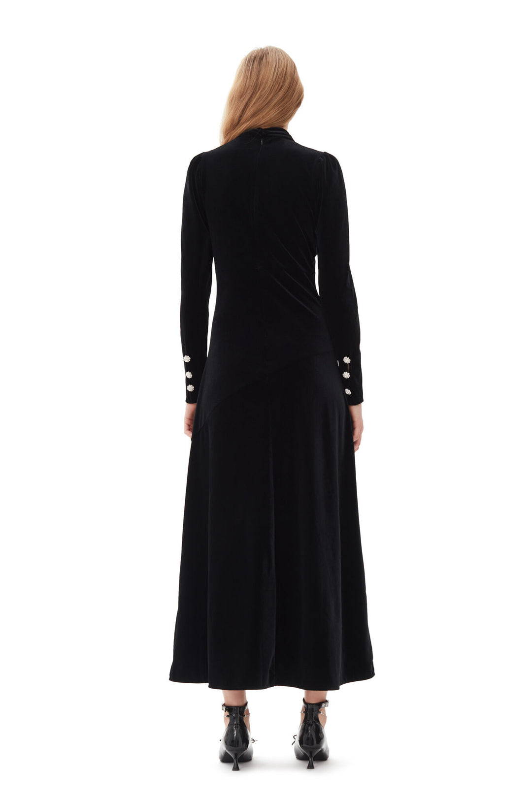 Velvet Jersey Gathered Long Dress  Black