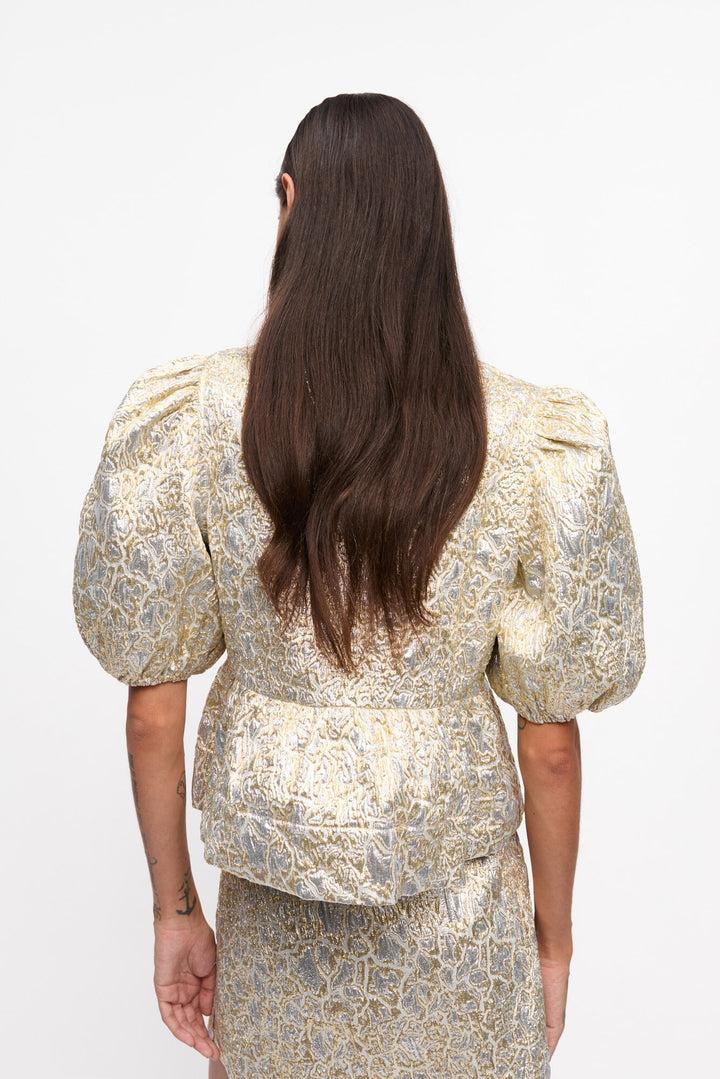 Metallic Cloque Peplum Blouse  Gold/Silver