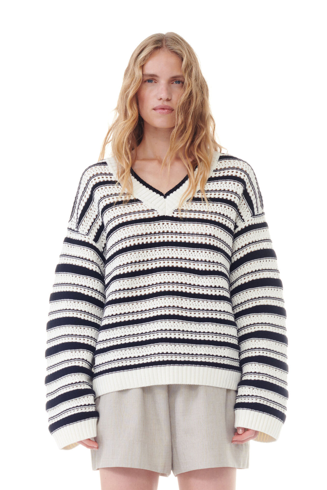 Striped Cotton Pointelle V-neck  Multicolour