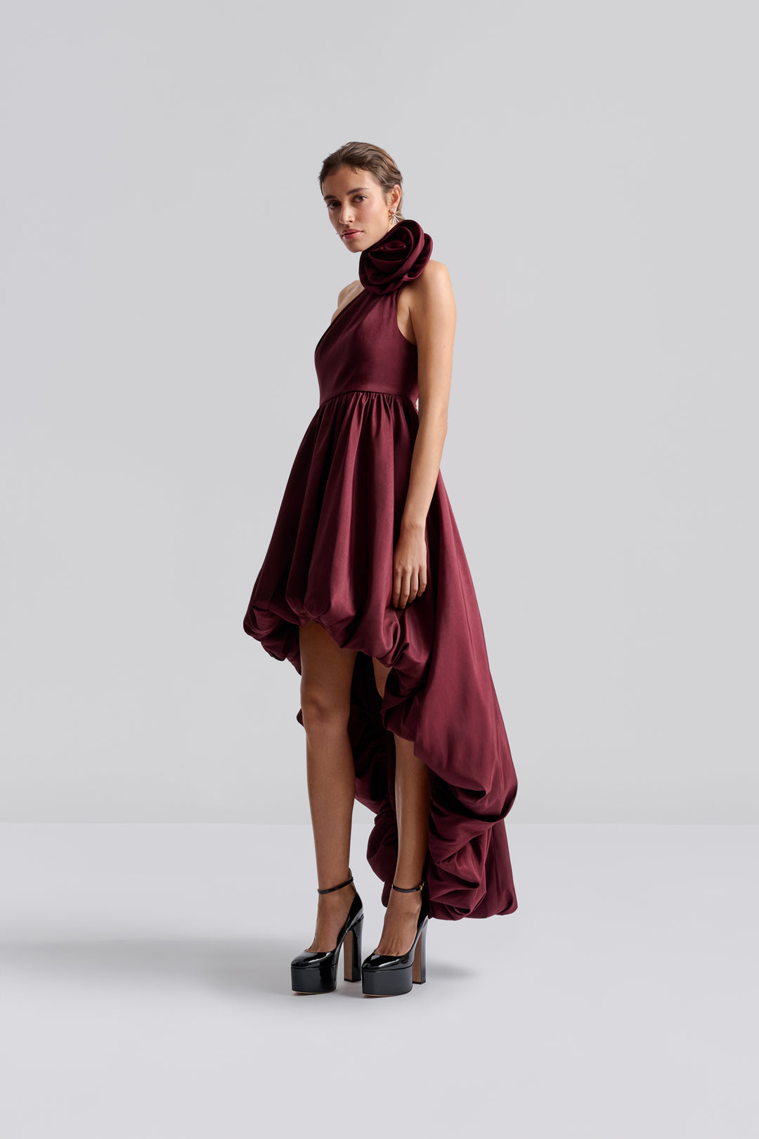 Lacey one shoulder pouf maxi dress  Deep Red