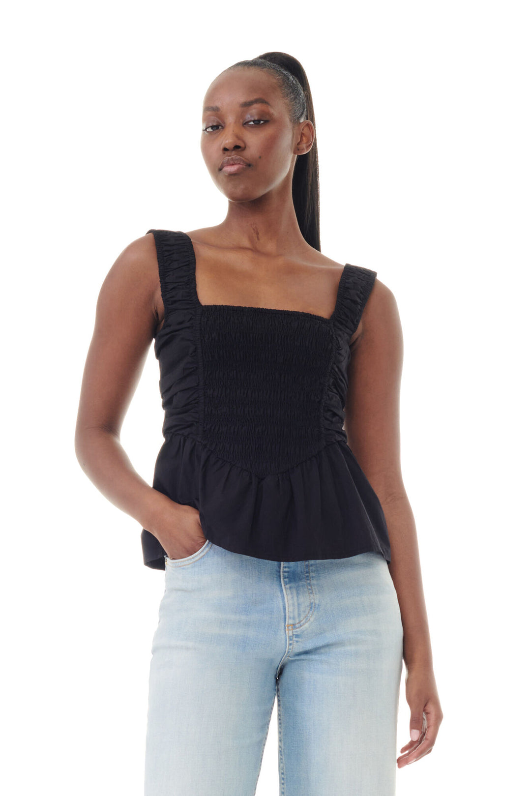 Cotton Poplin Smock Strap Blouse  Black