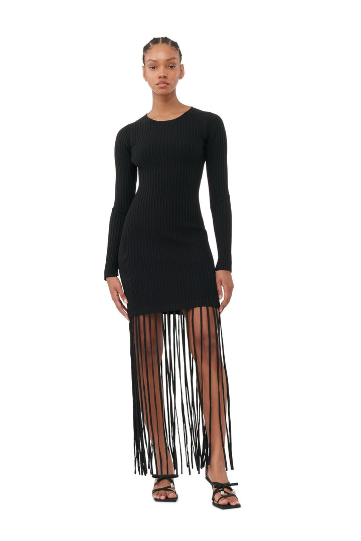 MELANGE KNIT FRINGE MINI DRESS  Black