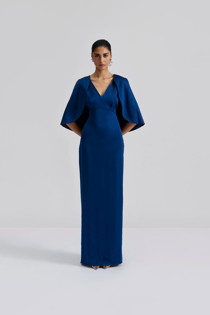 Junia cape satin maxi dress  Midnight Blue