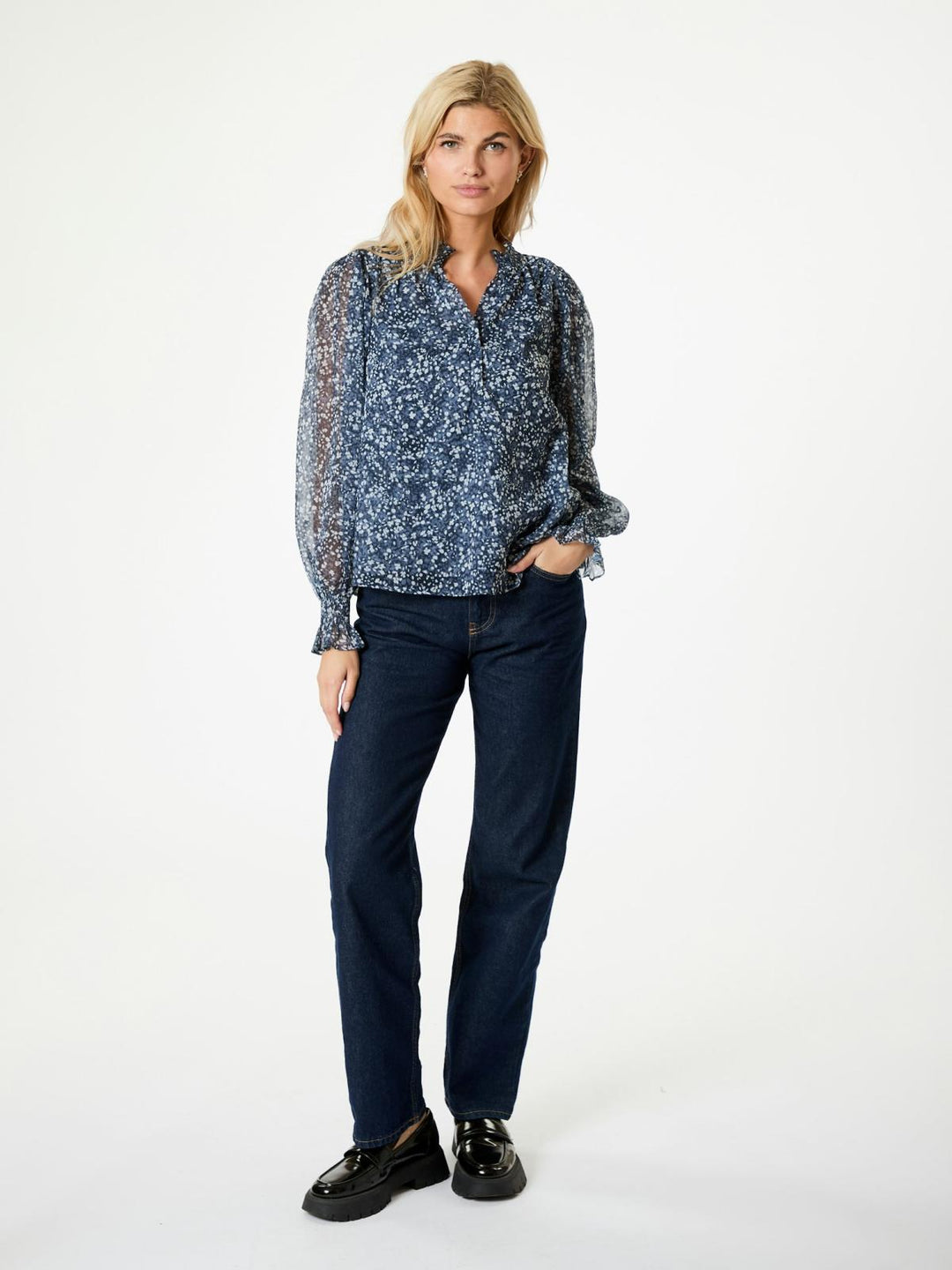 Leia Flower Graphic Blouse  Navy