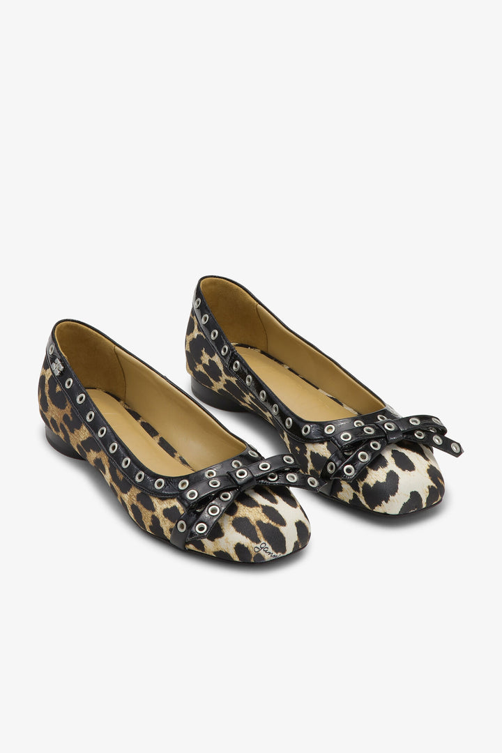 Eyelets Bow Ballerina Satin  Leopard