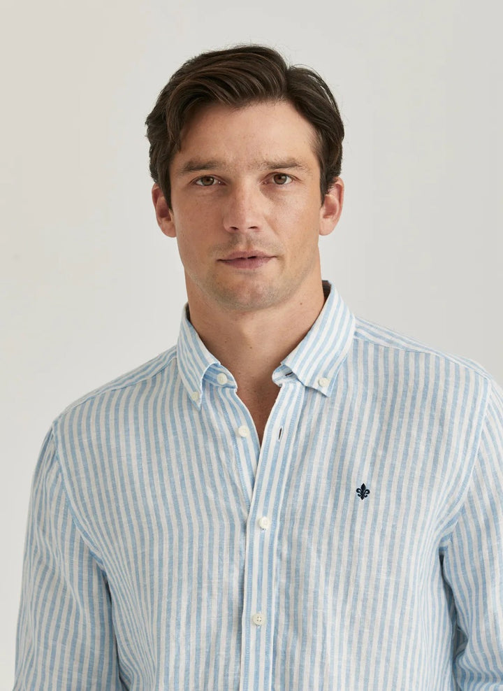 Douglas Linen Stripe Shirt-Classic Fit  Blue