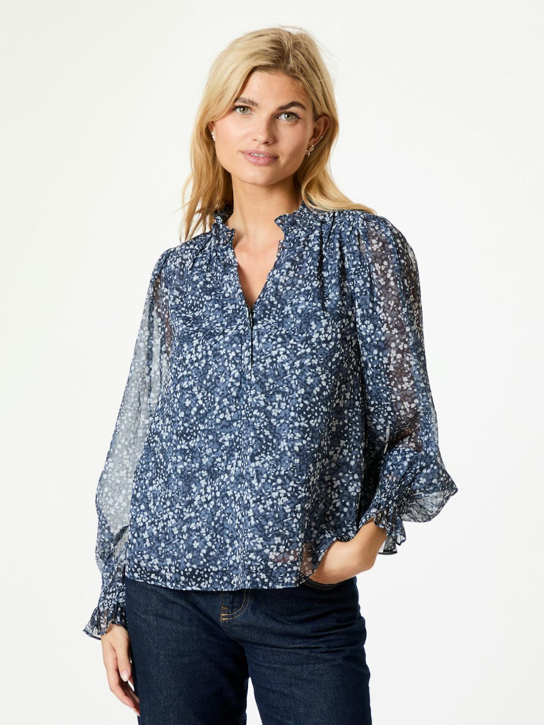 Leia Flower Graphic Blouse  Navy