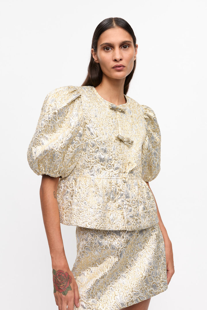 Metallic Cloque Peplum Blouse  Gold/Silver