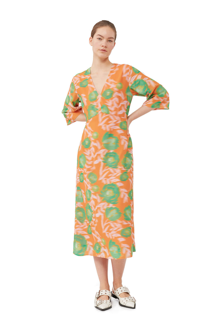 PRINTED LIGHT CREPE V-NECK DRESS  Vibrant Orange