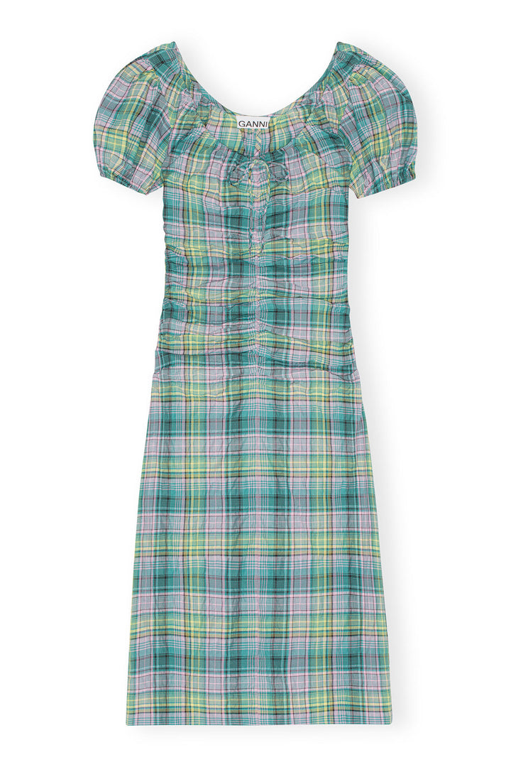 SEERSUCKER CHECK GATHERED MIDI DRESS  Lagoon