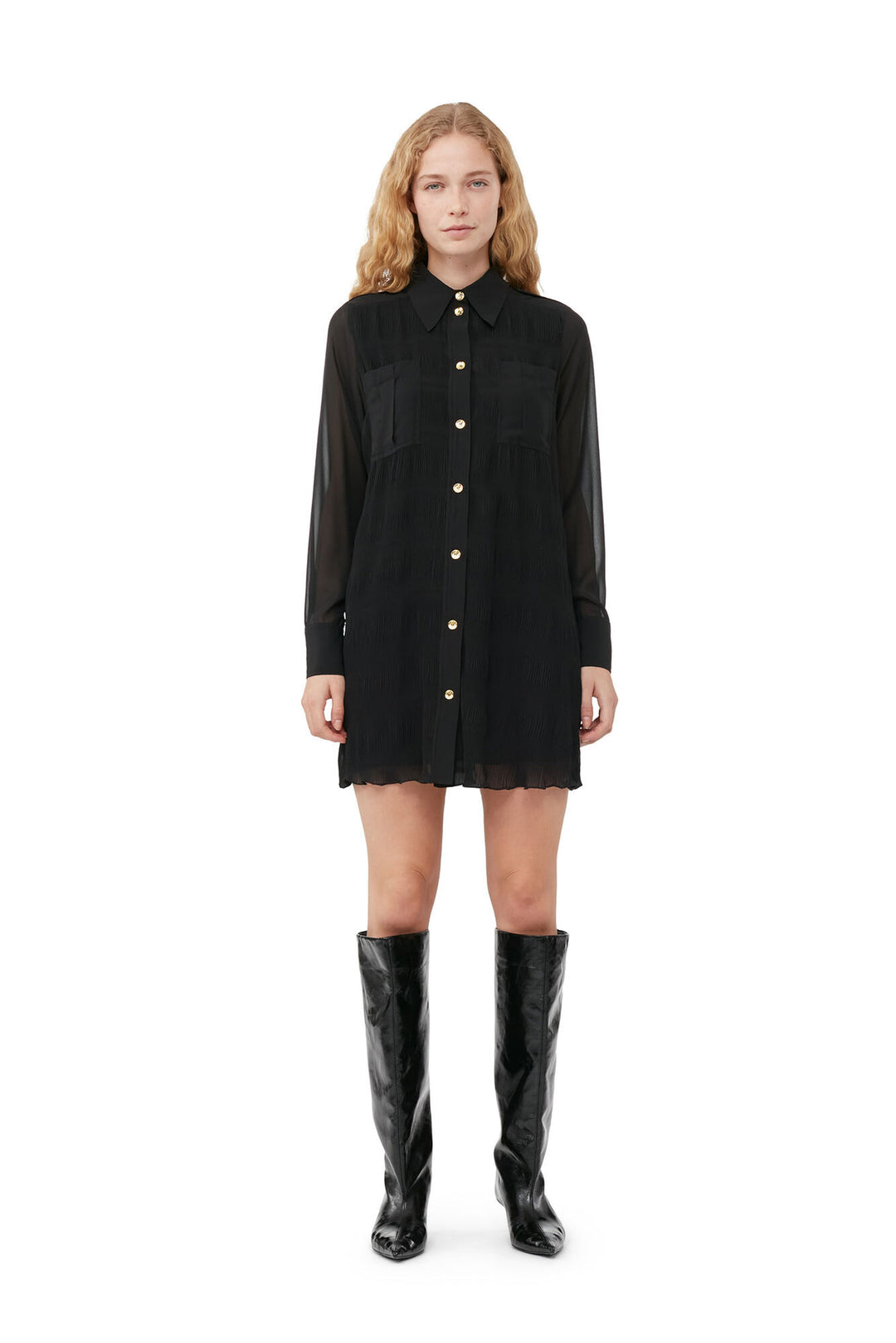 PLEATED GEORGETTE SHIRT DRESS  Black 099