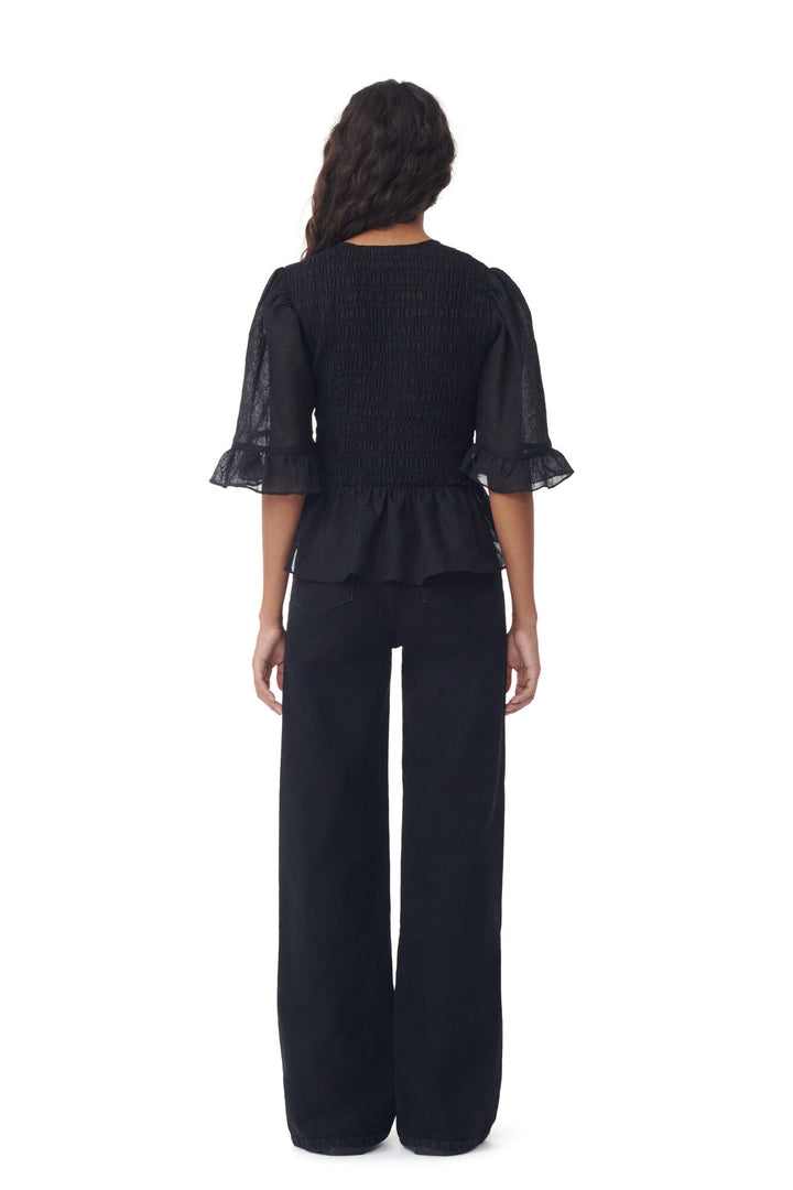 CRINCLED GEORGETTE SMOCK BLOUSE  Black