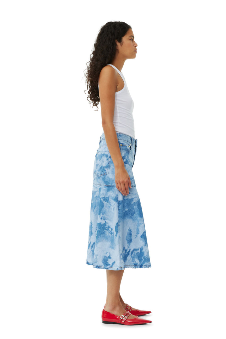 Bleach Denim Flounce Midi Skirt  Light Blue Stone