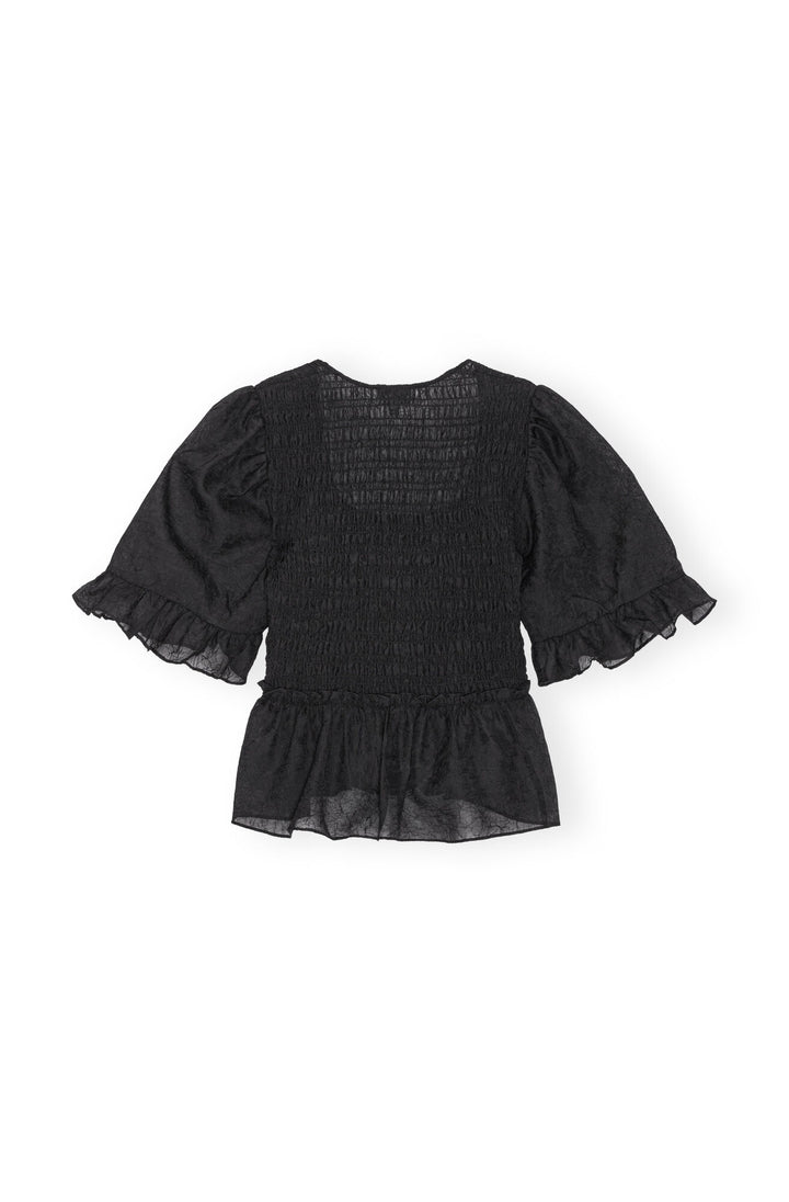 CRINCLED GEORGETTE SMOCK BLOUSE  Black