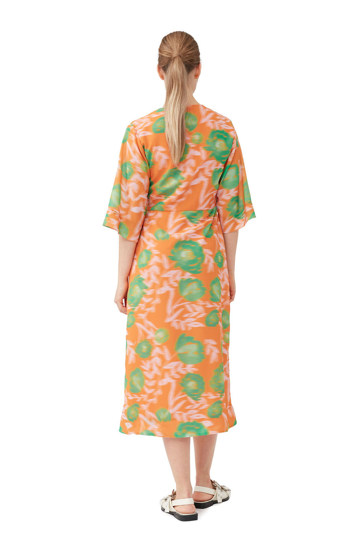 PRINTED LIGHT CREPE V-NECK DRESS  Vibrant Orange