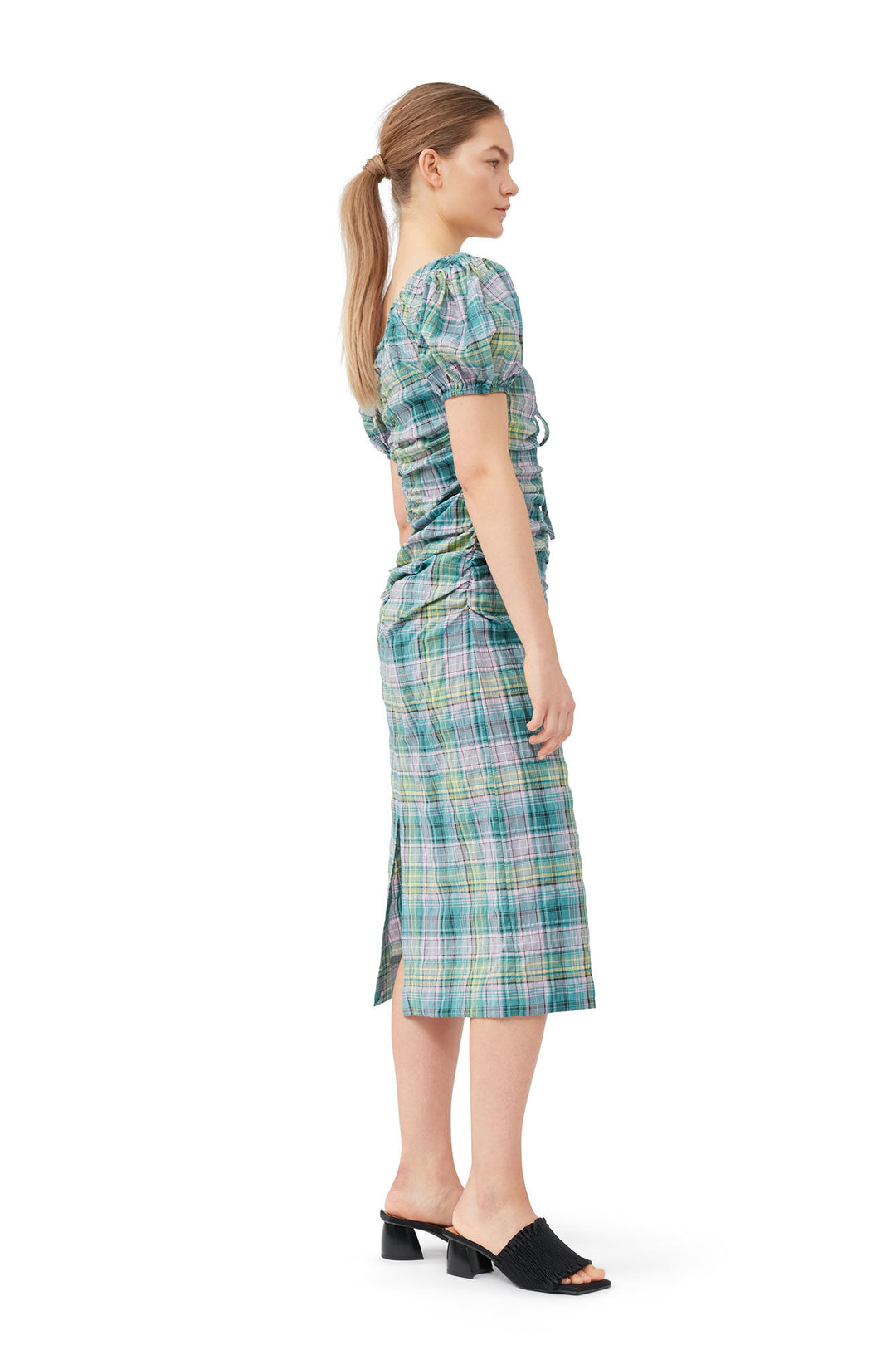 SEERSUCKER CHECK GATHERED MIDI DRESS  Lagoon