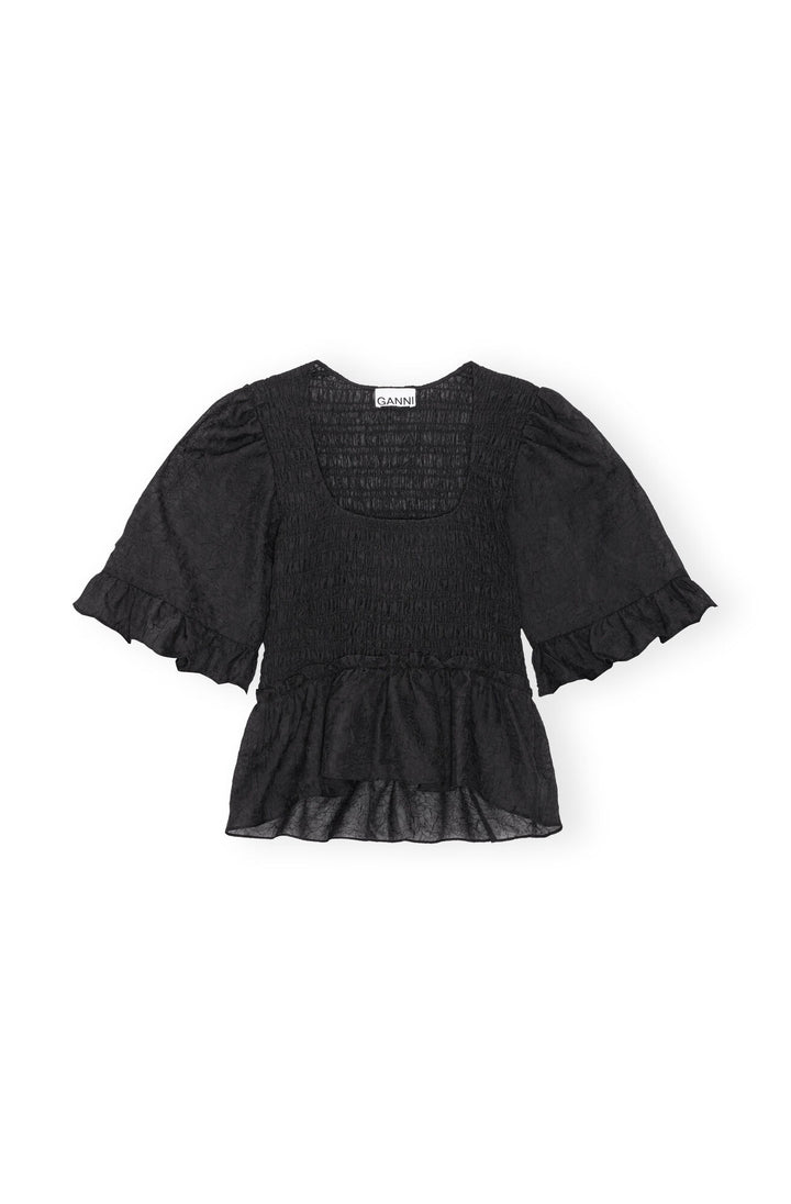 CRINCLED GEORGETTE SMOCK BLOUSE  Black