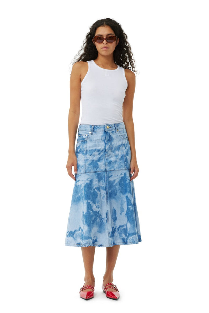 Bleach Denim Flounce Midi Skirt  Light Blue Stone